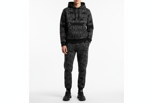 more writing and design across the whole tracksuit and make it a wool tracksuit