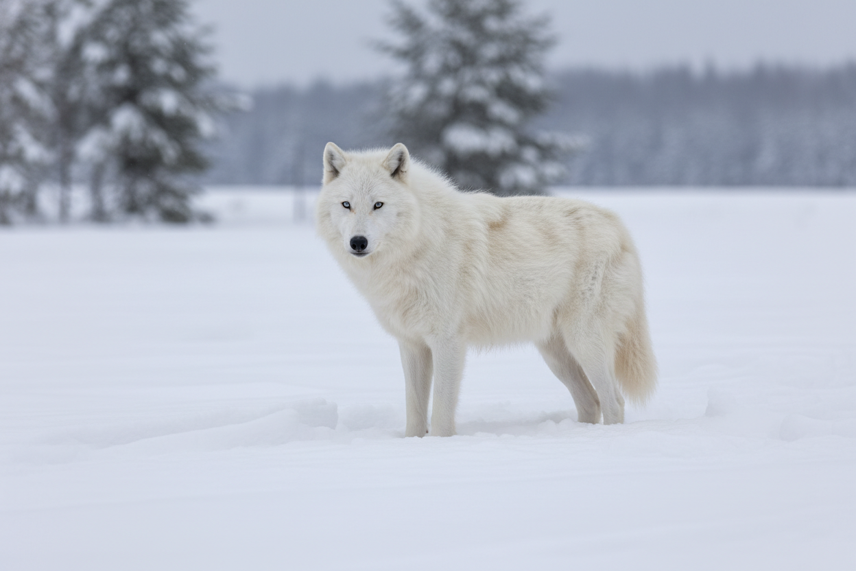 white wolf in snow looking at us from a distance side on